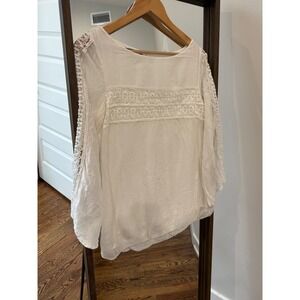 Giulia White 100% Silk Lace Trim Boho Blouse Made in Italy Medium Romantic Sheer
